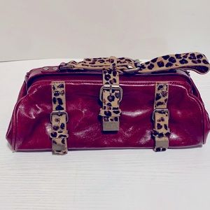 Cynthia Rowley distressed red leather small handbag with leopard trim